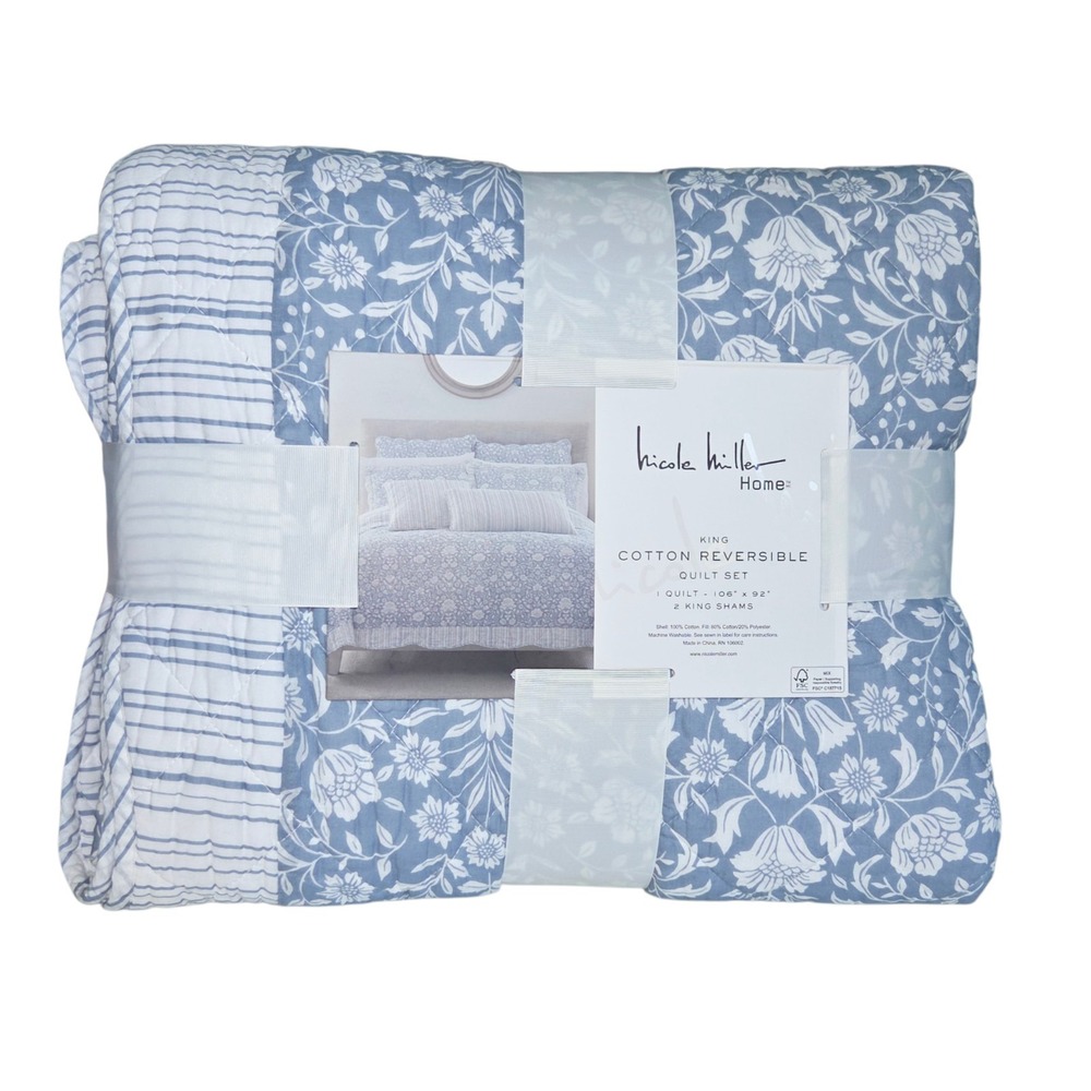 Nicole Miller Home Cotton King Quilt Set 3pc Reversible Floral Stripe Blue White